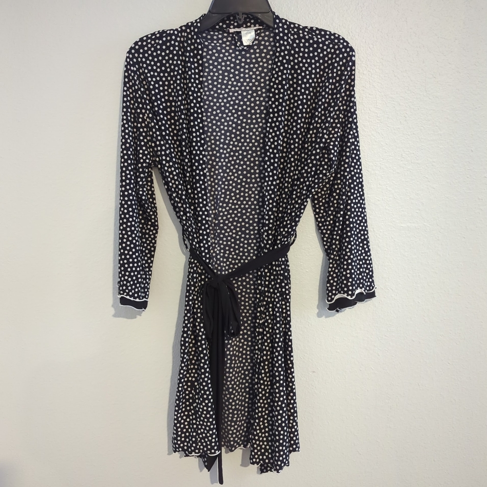 Linea Donatella Robe Black White Polkadots Ruffle  Loungewear Size Small